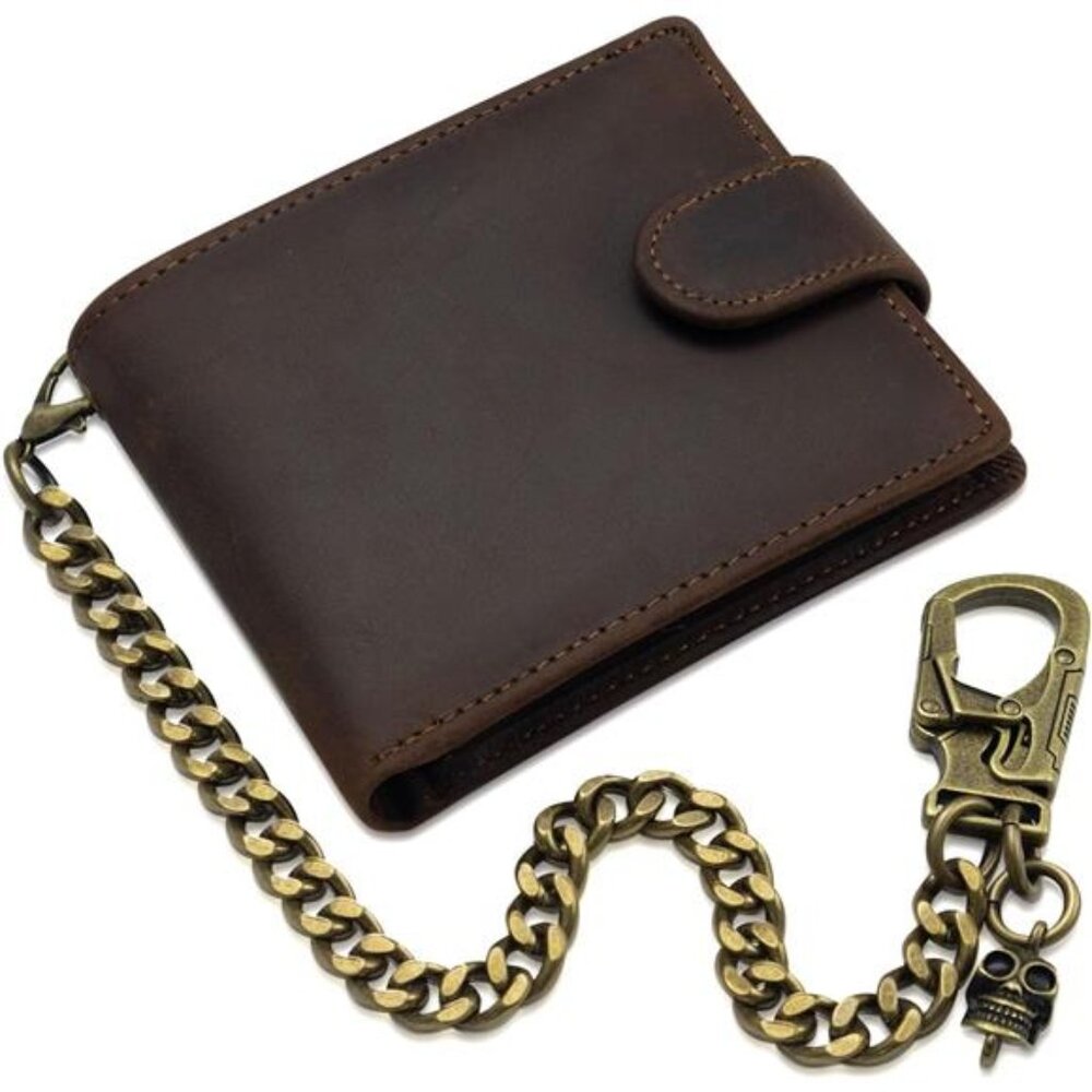 Men's Chain Wallet Genuine Crazy Horse Leather Bifold Wallets